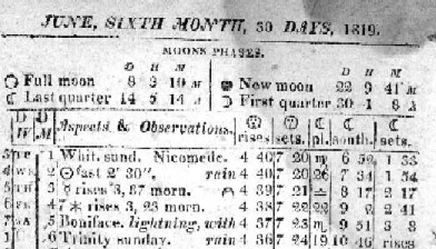 Patterson's Almanac 1819, page for June