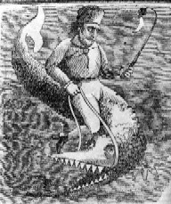 Crockett riding a sea serpent