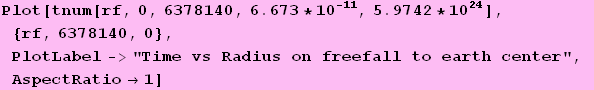 Plot[tnum[rf, 0, 6378140, 6.673 * 10^(-11), 5.9742 * 10^24], {rf, 6378140, 0}, PlotLabel->"Time vs Radius on freefall to earth center", AspectRatio&rarr;1]
