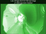 Low-voltage electron fish-eye image of SEM specimen chamber