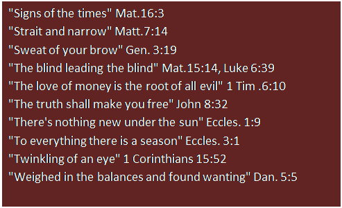 Text Box: "Signs of the times" Mat.16:3 
"Strait and narrow" Matt.7:14 
"Sweat of your brow" Gen. 3:19 
"The blind leading the blind" Mat.15:14, Luke 6:39 
"The love of money is the root of all evil" 1 Tim .6:10 
"The truth shall make you free" John 8:32 
"There's nothing new under the sun" Eccles. 1:9 
"To everything there is a season" Eccles. 3:1 
"Twinkling of an eye" 1 Corinthians 15:52 
"Weighed in the balances and found wanting" Dan. 5:5 

