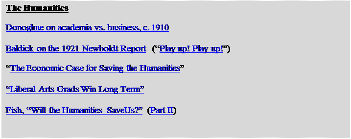 Text Box: The Humanities

Donoghue on academia vs. business, c. 1910

Baldick on the 1921 Newboldt Report   (Play up! Play up!)

The Economic Case for Saving the Humanities

Liberal Arts Grads Win Long Term

Fish, Will the Humanities SaveUs?  (Part II)


