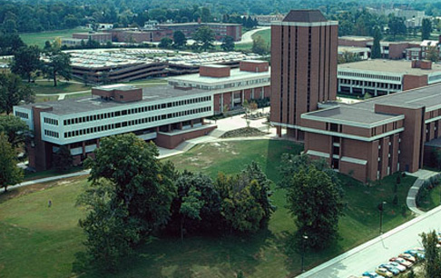 Aerial view of campus looking south east at lucas and clark halls, social science building and the tower, and thomas jefferson library
