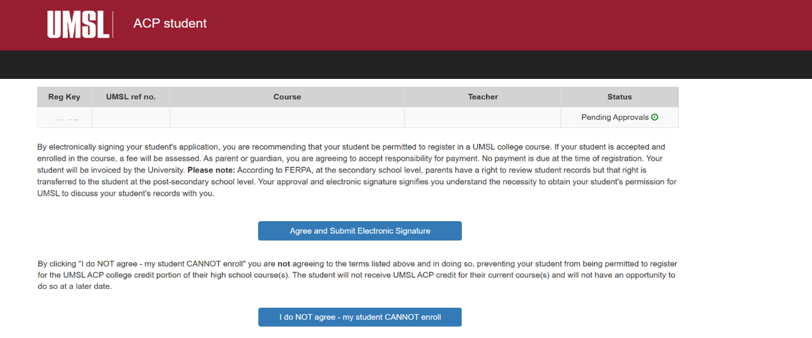 Parents/guardians will read the terms and click either agree or disagree.