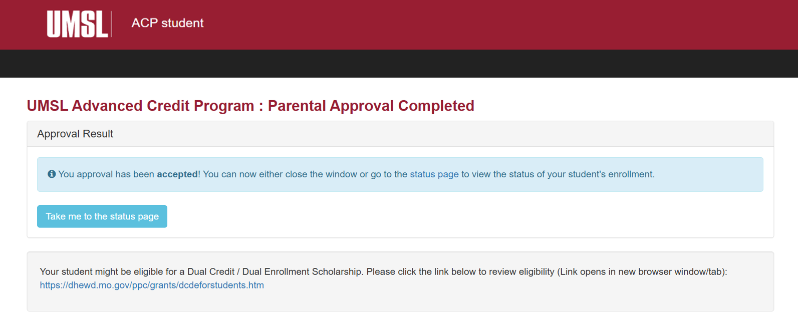 A confirmation page indicating that the parent/guardian successfully approved their student's application
