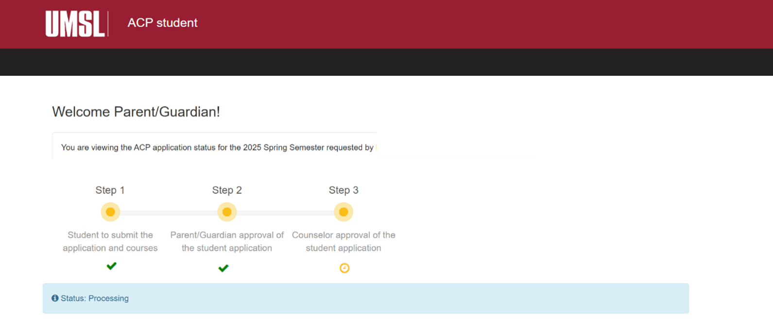 A progress bar shows that the student and parent/guardian portion of the application is complete, and the application is now pending counselor review.