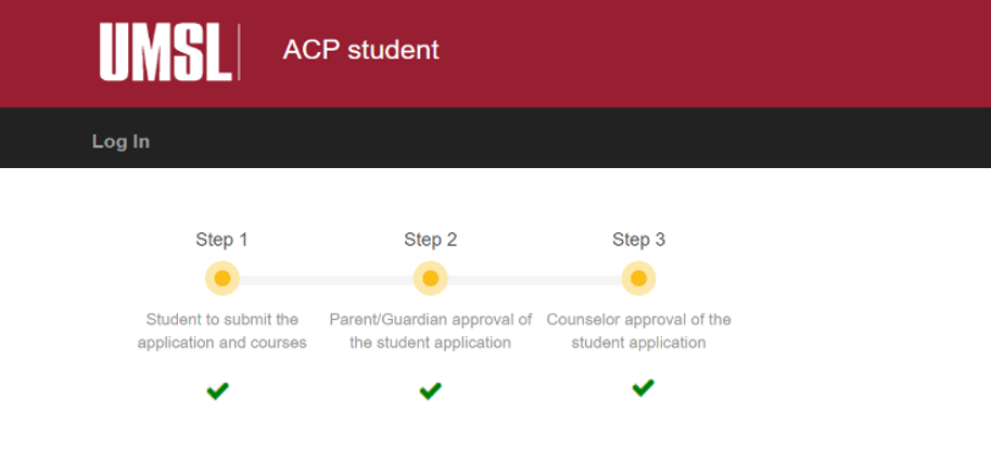 A progress bar shows that student registration, parent/guardian approval, and counselor approval are all complete.
