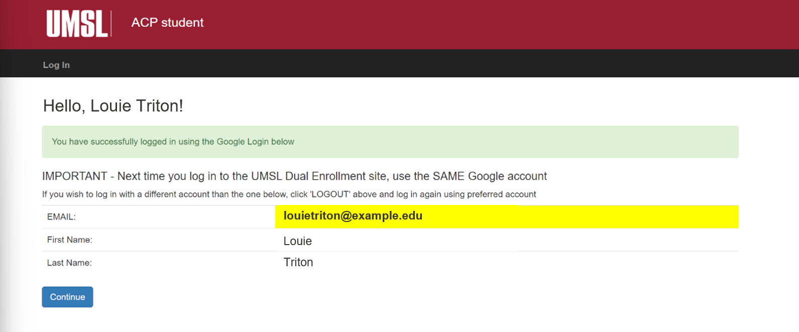 Students confirm their name and email to proceed