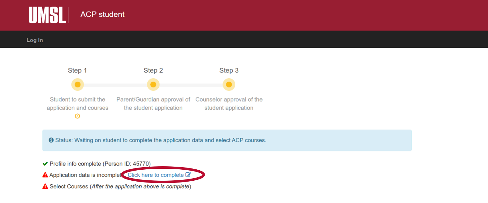 A checklist shows that the student profile is complete, but the application and course selection are still pending.