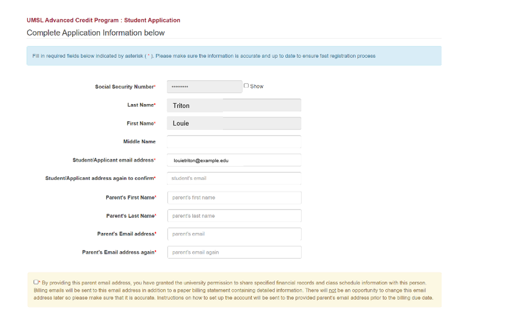 Students will be prompted to enter contact information, parent/guardian information, and other demographics.