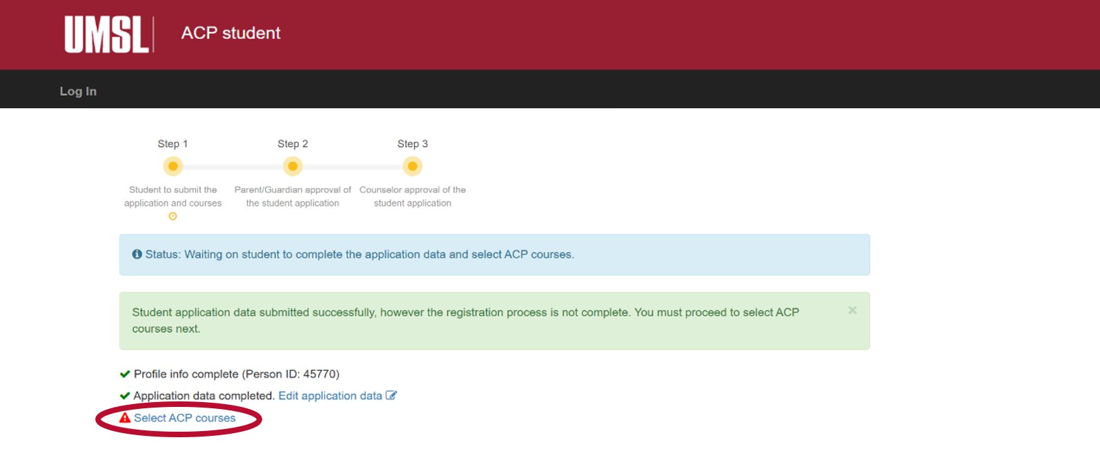 A checklist shows that the student profile and application are complete, but course selection is still pending.