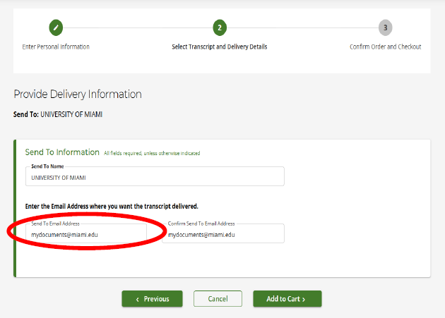Sample of the page to specify additional delivery information