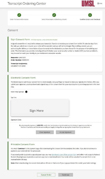 Sample of the electronic consent form