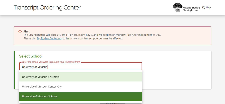 On the "Select School" page, enter "University of Missouri-St. Louis"