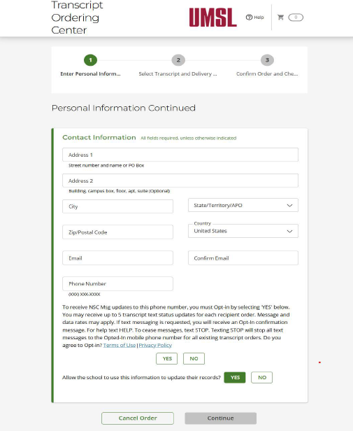 Sample of the page to enter contact information