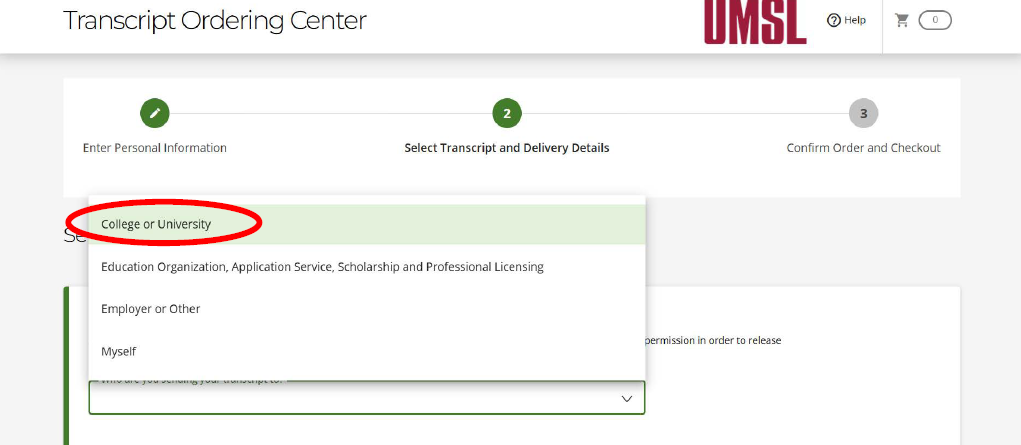 Sample of the page to select a recipient type