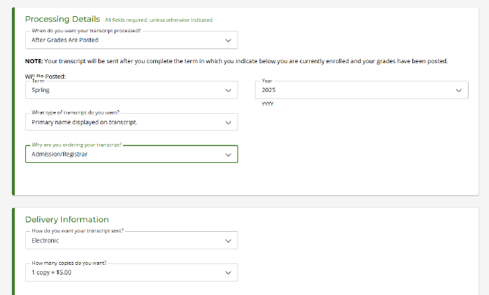 Sample of the page to specify additional processing details