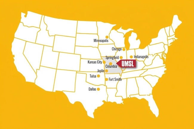 Locations and UMSL on map of the United States