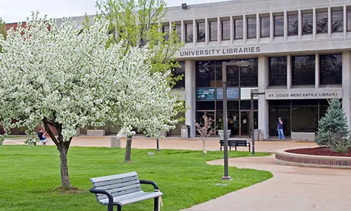 outside of the library building in spring