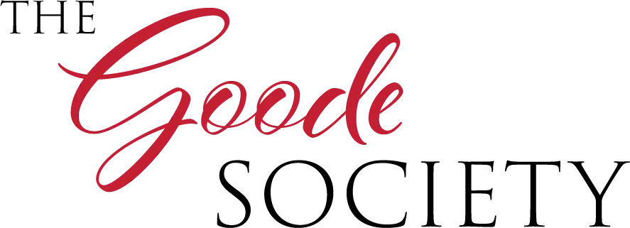 Elegant red and black script logo for "Goode Society".