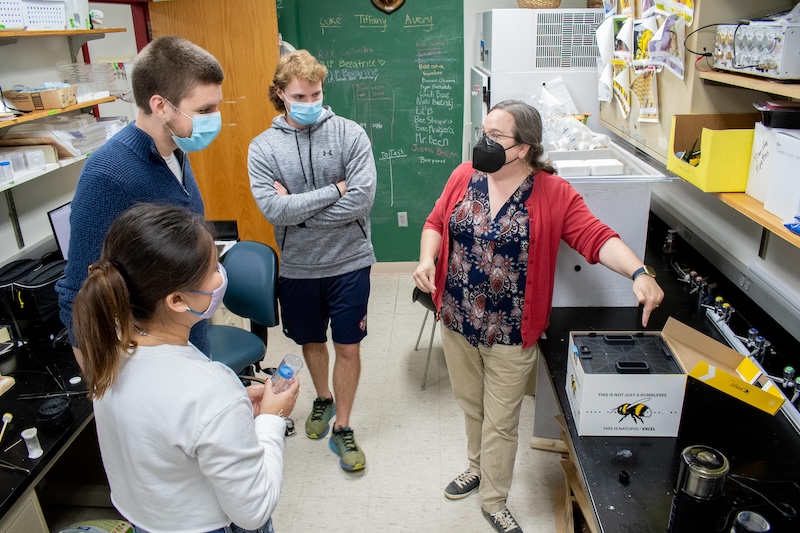 Dr. Aimee Dunlap trains undergraduates Tiffany Dinh and Luke Lauter and master's student (Avery Baker) on bumblebee safety in the lab