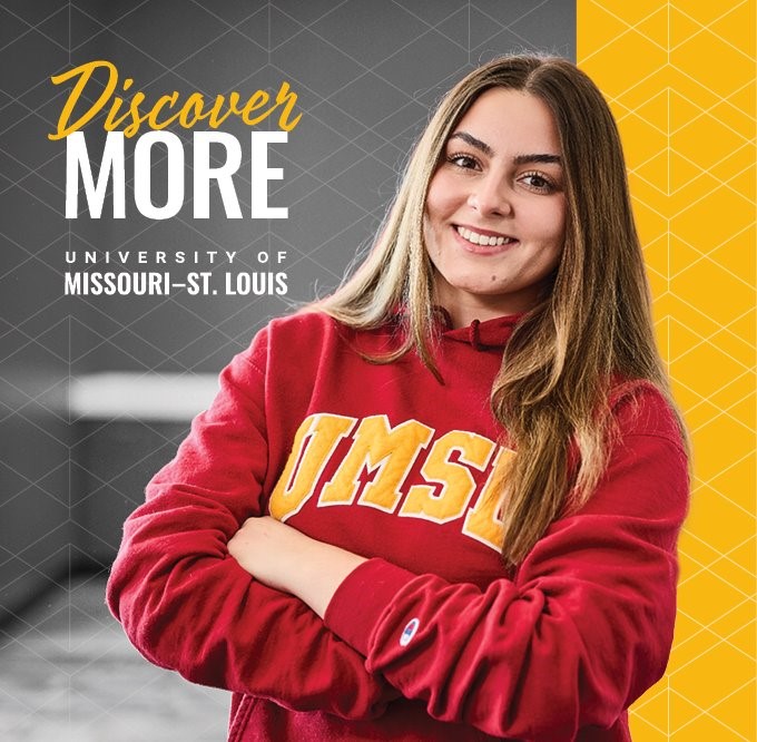 Smiling student in a red UMSL hoodie with arms crossed beside text reading “Discover More” and “University of Missouri–St. Louis.”