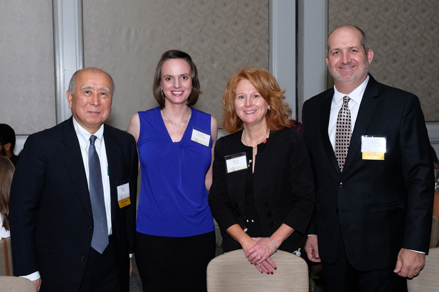 Dr. Andrea Cadenbach was recognized with the 2017 Gerald and Deanne Gitner Excellence in Teaching Award at the UMSL Founders Dinner on October 5, 2017. Shown above are three of the department Advisory Board members with Dr. Cadenbach: (left to right) Masao Nishi, Dr. Cadenbach, Mary Lamie and Mark Deadwyler.