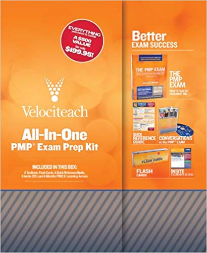 Promotional cover for the Velociteach All-In-One PMP Exam Prep Kit, highlighting its value and included study materials.