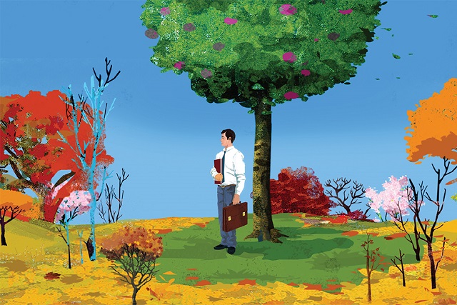 Cartoon image of a man standing with a briefcse in front of a tree.