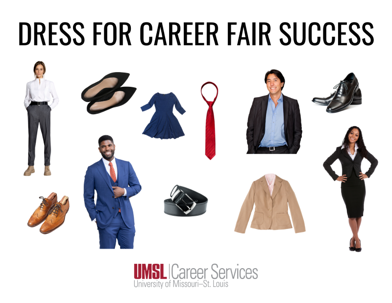 A collage of professional attire options for a career fair, featuring clothing and accessories for both men and women.