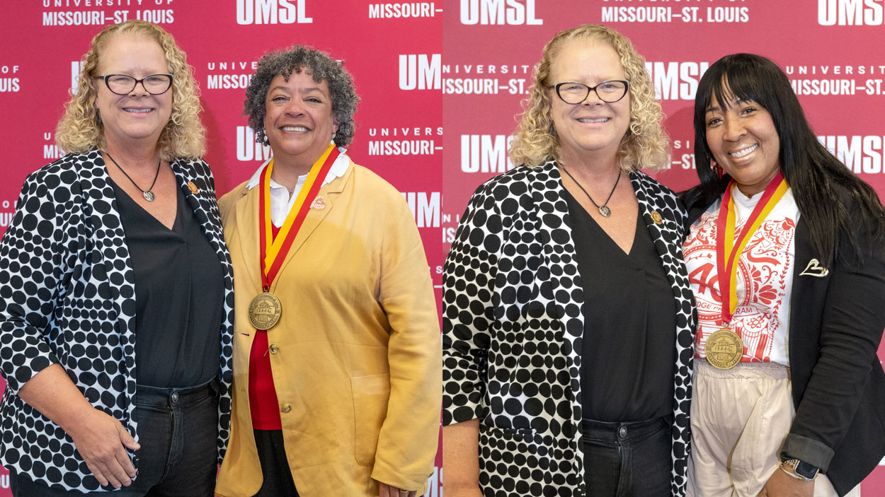 Chancellor Kristin Sobolik surprised Adella Jones (left) and Channon Peoples by presenting them with Chancellor’s Medals at Friday’s Career Milestone Recognition Reception.