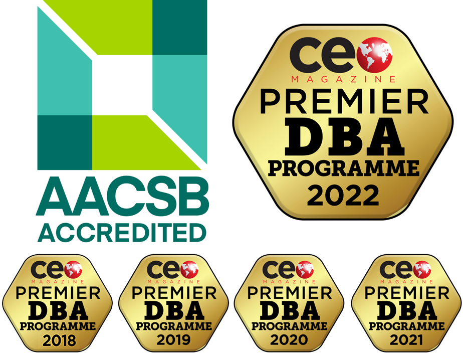 AACSB accreditation logo - CEO Magazine Premier DBA Program badges