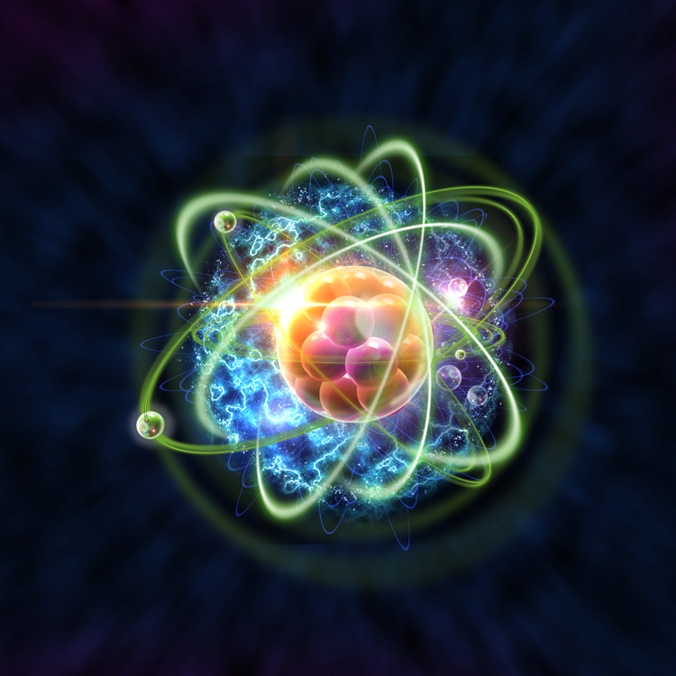 Colorful digital illustration of an atom, featuring a nucleus and electrons surrounded by dynamic energy waves.