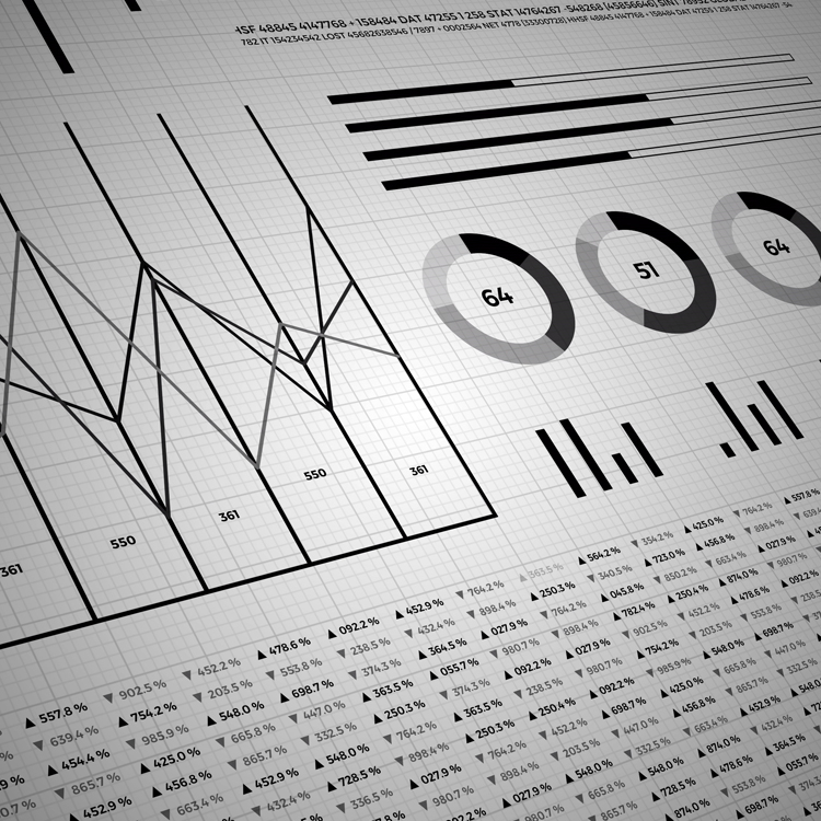 A black and white infographic displaying various statistical data visualizations such as bar graphs, line charts, and numerical metrics.