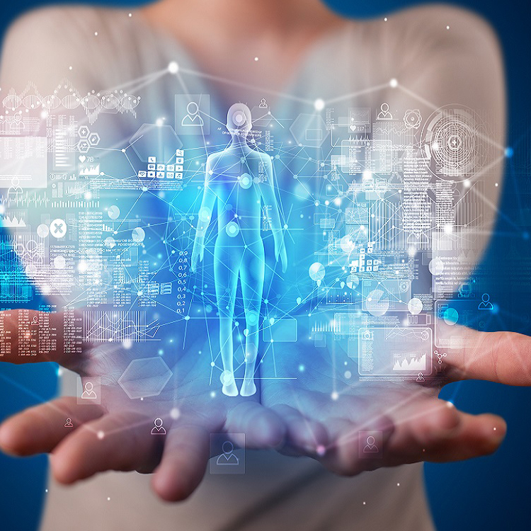 A futuristic illustration of a human figure surrounded by digital data and technology, symbolizing the integration of health and digital innovation.