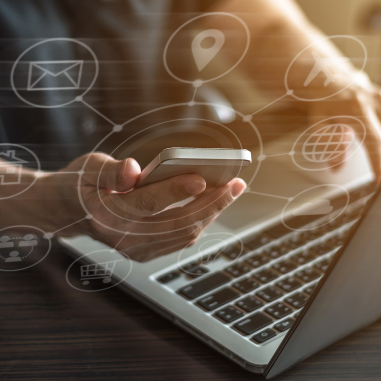 A person using a smartphone, surrounded by icons representing various digital communication and travel concepts.