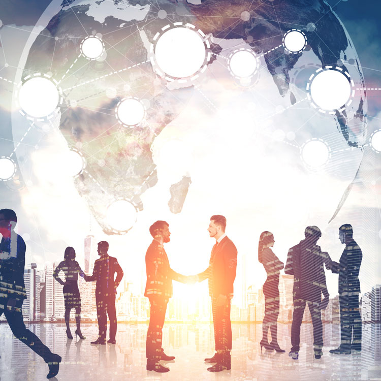Silhouettes of business professionals shaking hands against a backdrop of a global map and city skyline, symbolizing networking and international collaboration.
