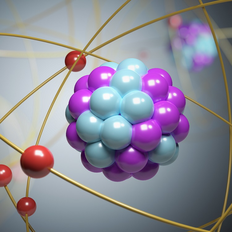 3D illustration of a molecular structure, highlighting a cluster of protons and neutrons within an atom's nucleus.