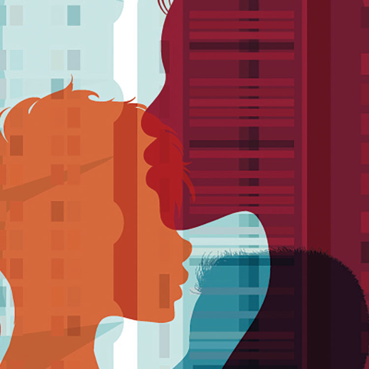 A colorful illustration depicting a close-up silhouette of two faces in a kiss, overlaid with abstract geometric shapes.