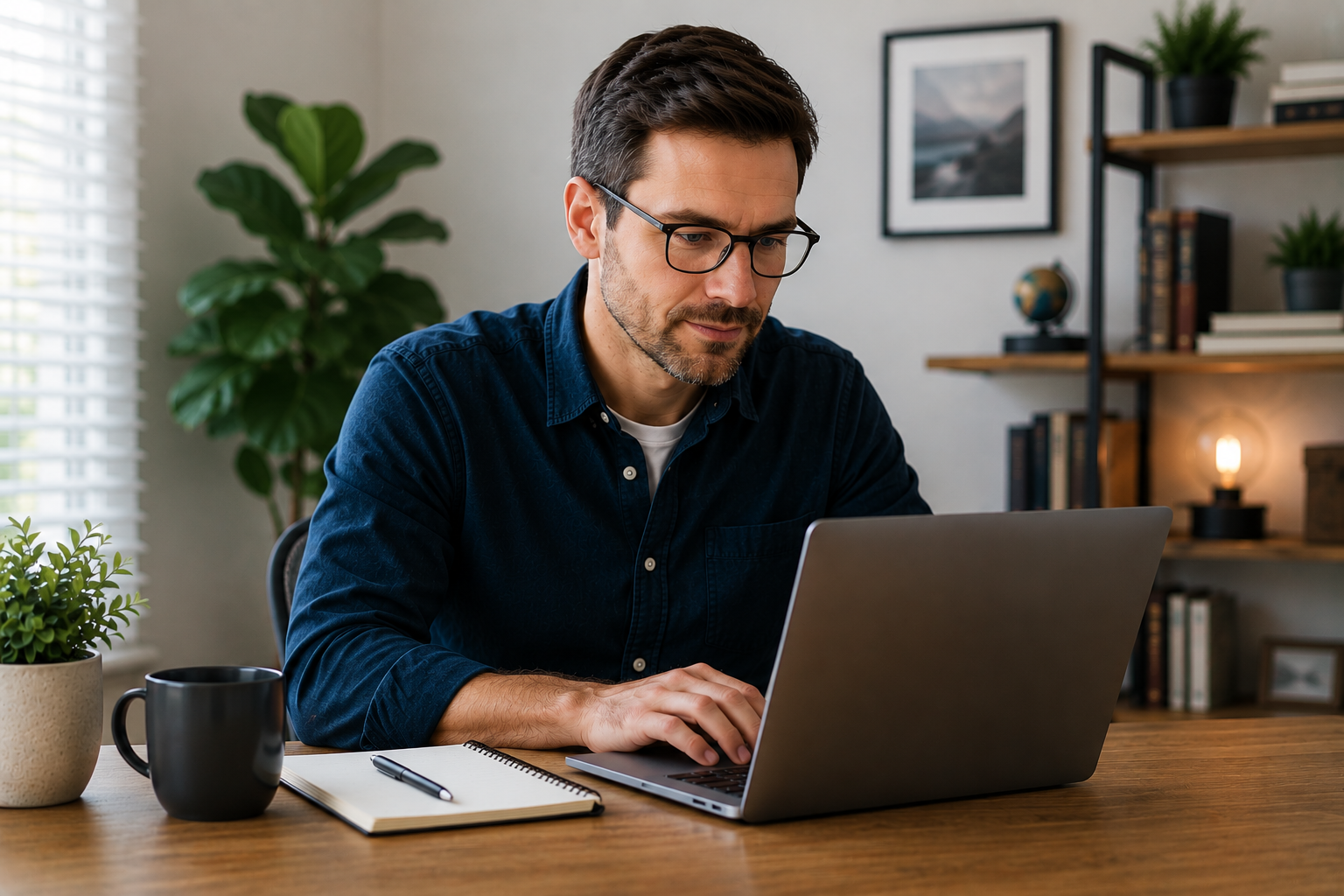 Man wearing glasses works on a laptop at a home office desk with a notebook, pen, and coffee mug, with plants and shelves in the background.