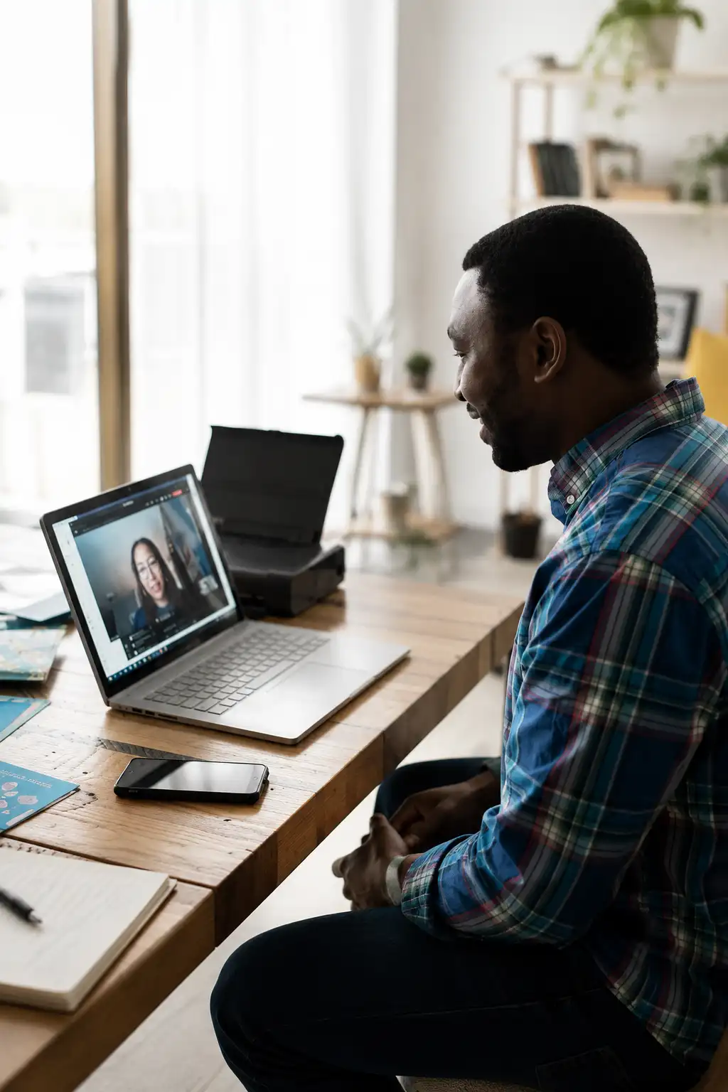 Person sitting at a desk in a bright home office, looking at a laptop during a video call.