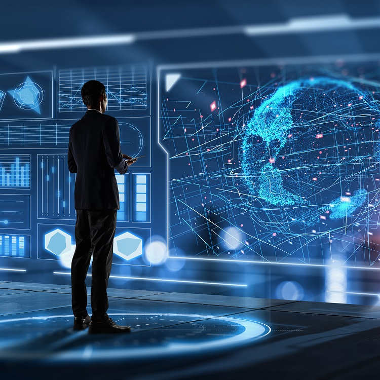A businessman interacts with a futuristic digital interface displaying a holographic globe and data analytics.