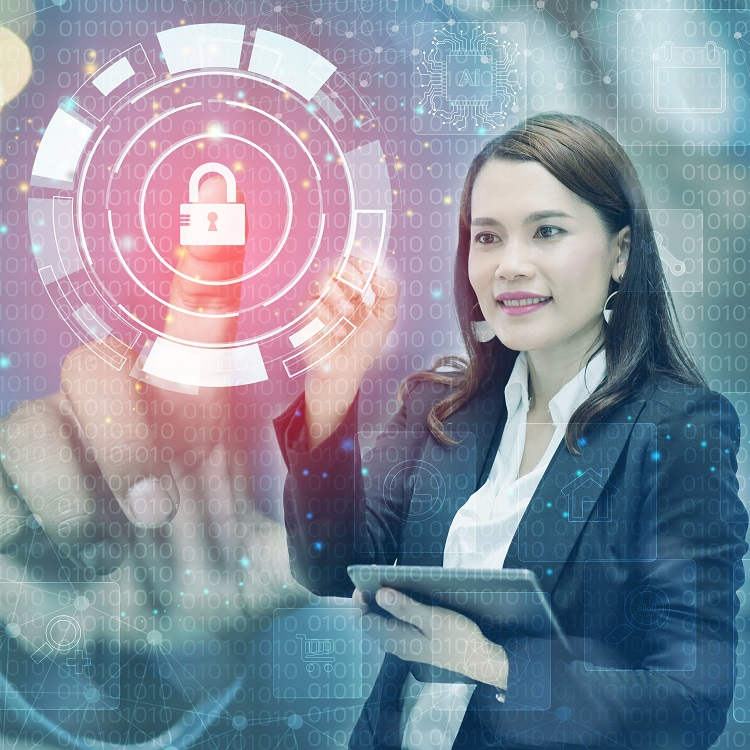 A businesswoman interacts with a digital security interface featuring a padlock icon, symbolizing cybersecurity and data protection.