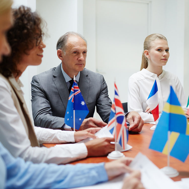 A diverse group of professionals seated at a conference table, with various national flags displayed, indicating a collaborative international meeting.