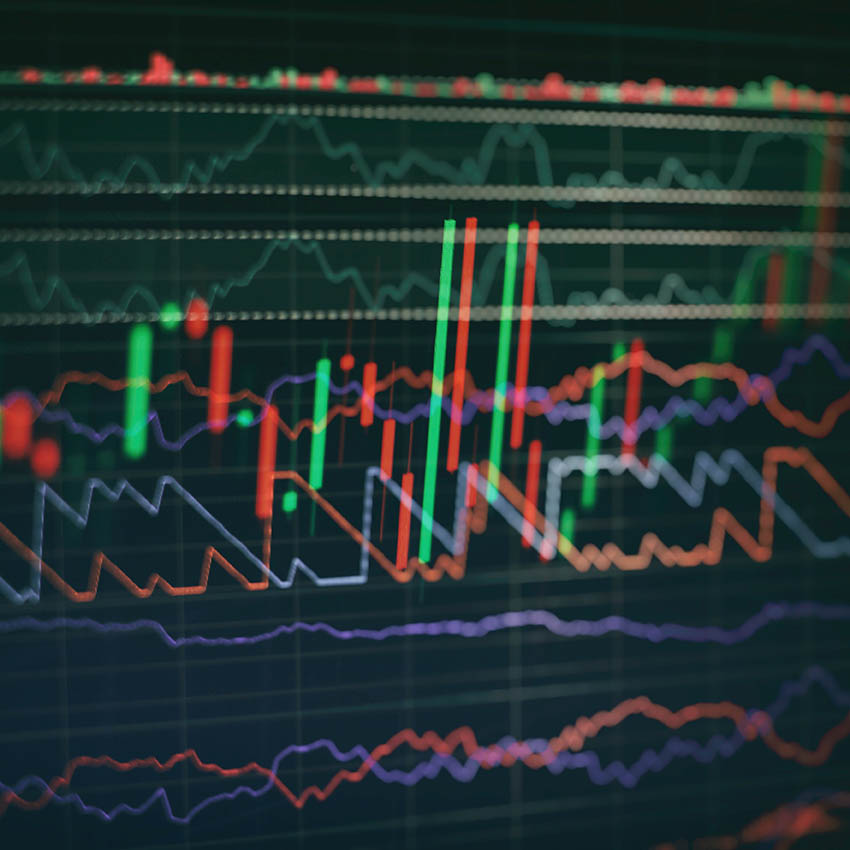 Financial trading chart with colorful candlestick and line graphs representing market trends.