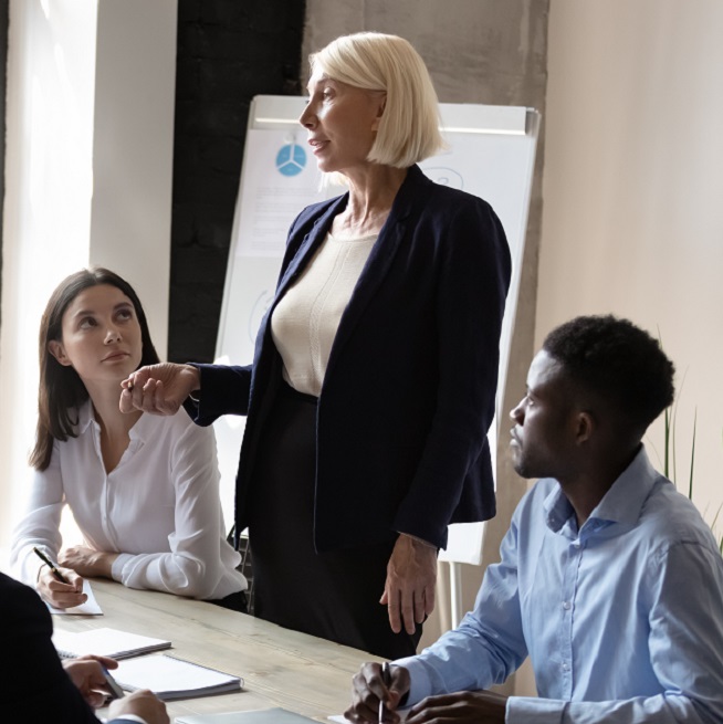A businesswoman giving a presentation to a diverse group of colleagues in a modern meeting room.