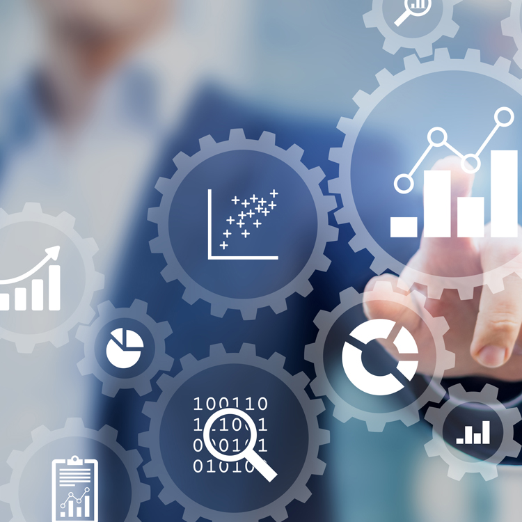 A digital illustration featuring a business professional interacting with various data charts and analytical icons within interconnected gears.