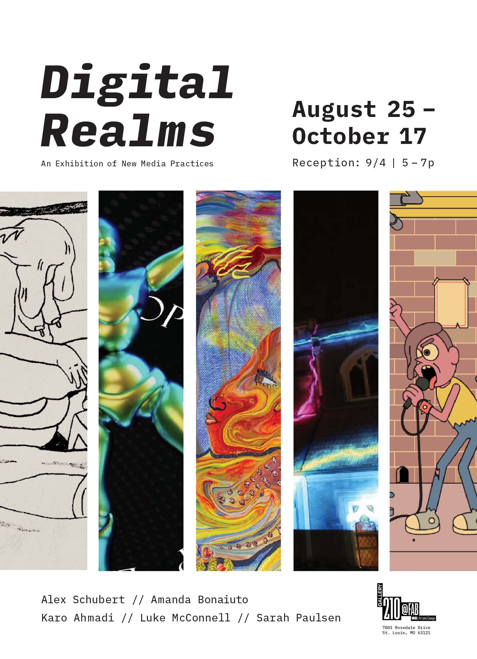 Image of animated characters in various cartoony art styles followed by information about the exhibit