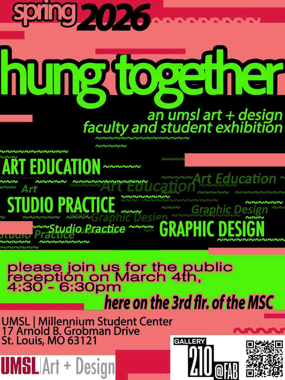 Flyer for Gallery 210 event 'non finito'. Image shows a stylized pencil above primary colored art samples from the show