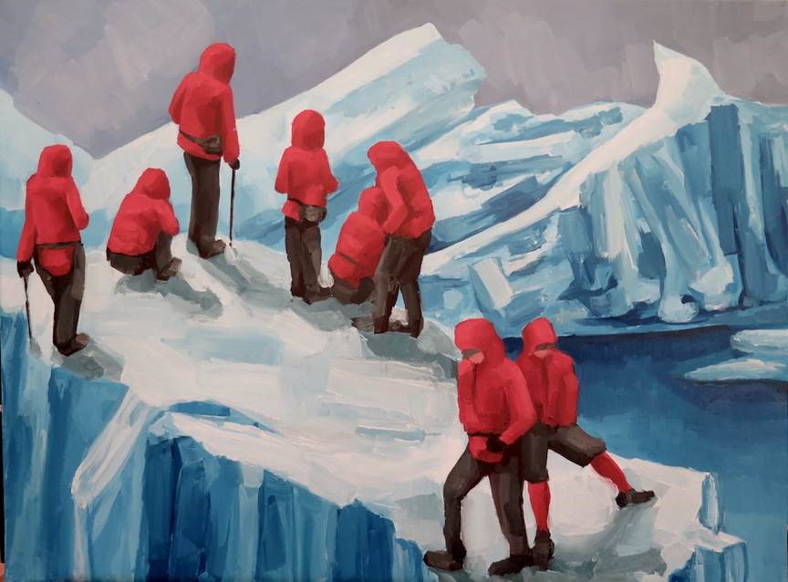 Painting of a group of people dressed in red exploring an icy landscape